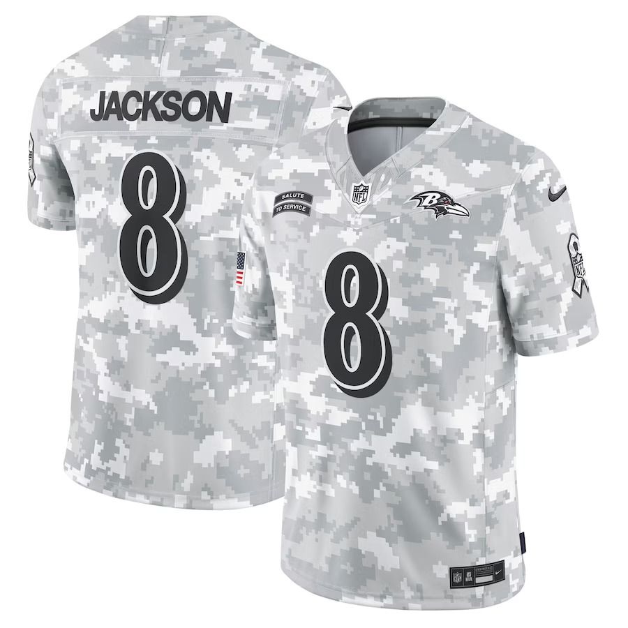 Men's Baltimore Ravens Lamar Jackson Nike Arctic Camo 2024 Salute to Service Limited Jersey - Puhuasuan