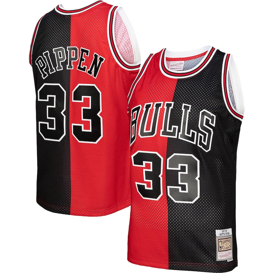 Men's Chicago Bulls Scottie Pippen Mitchell & Ness Red/Black Hardwood Classics 1997/98 Split Swingman Jersey - Puhuasuan