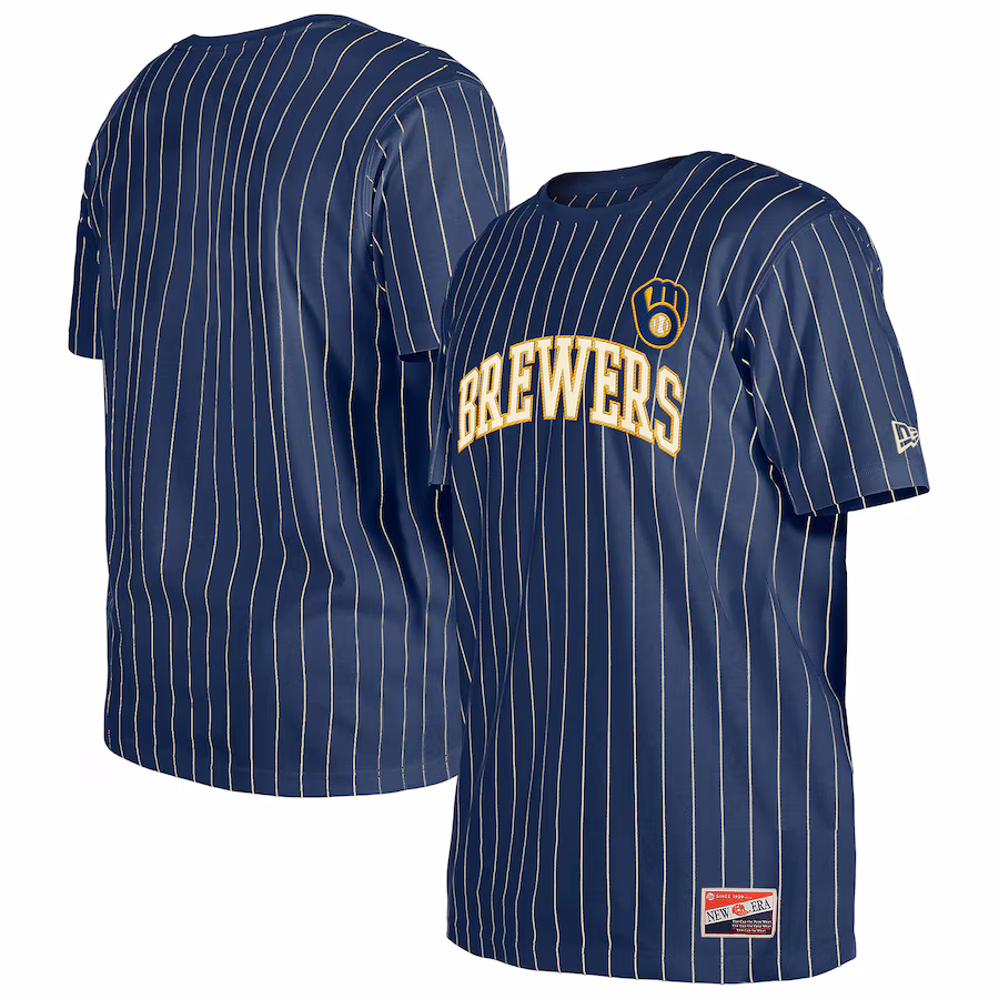 Men's Milwaukee Brewers New Era Navy Throwback Pinstripe T-Shirt - Puhuasuan