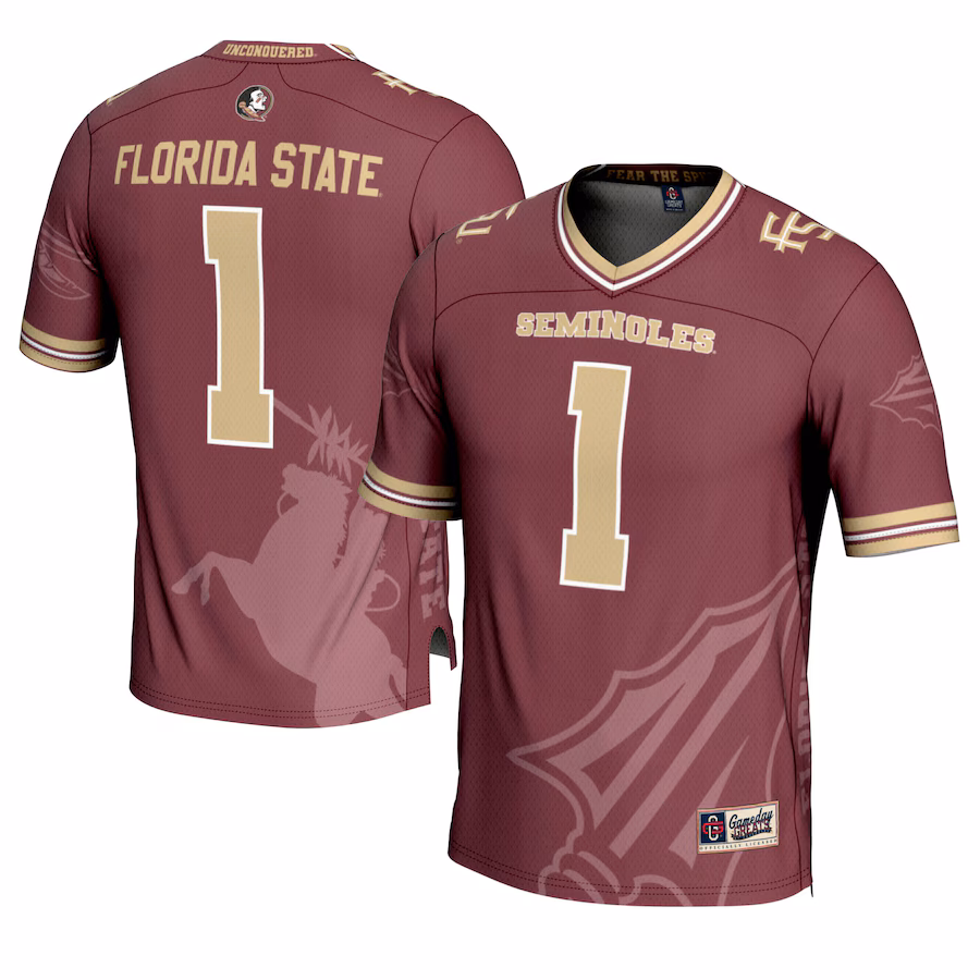 Men's GameDay Greats #1 Garnet Florida State Seminoles Icon Print Football Fashion Jersey - Puhuasuan