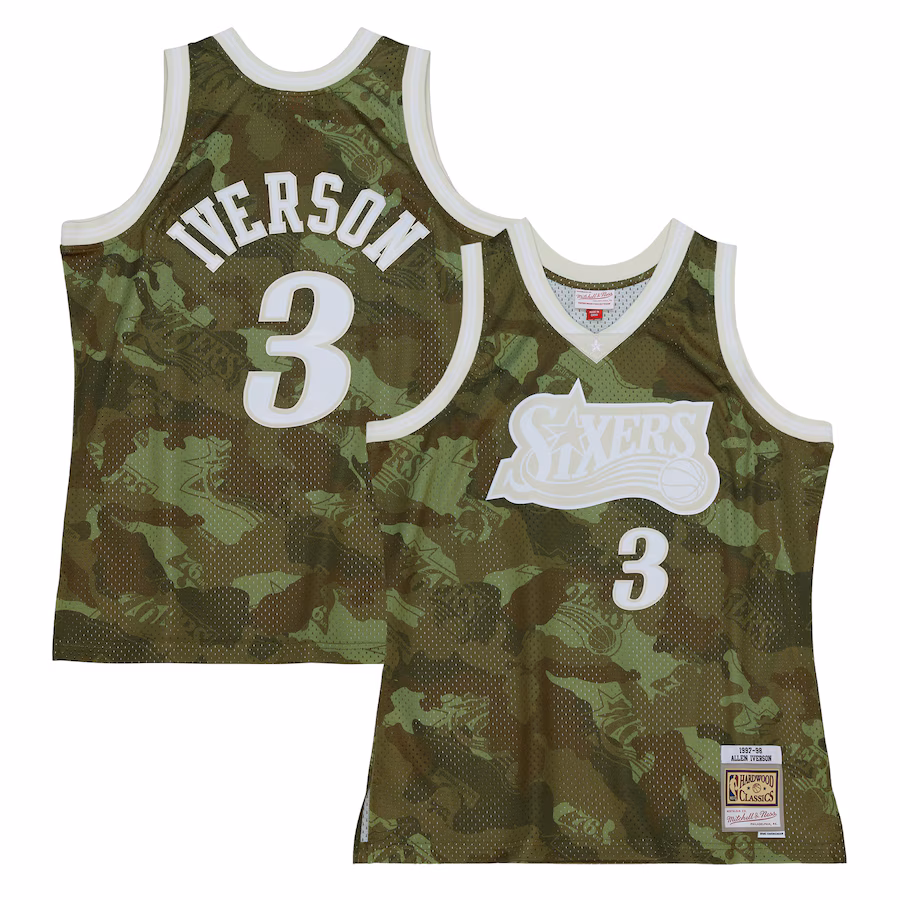 Men's Philadelphia 76ers Allen Iverson Mitchell & Ness Camo Hardwood Classics 1997/98 Ghost Green Swingman Jersey - Puhuasuan