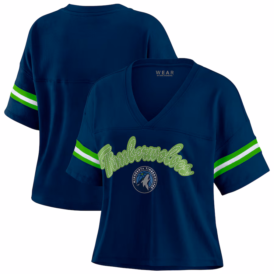 Women's Minnesota Timberwolves WEAR by Erin Andrews Navy Color Block Boxy V-Neck T-Shirt - Puhuasuan