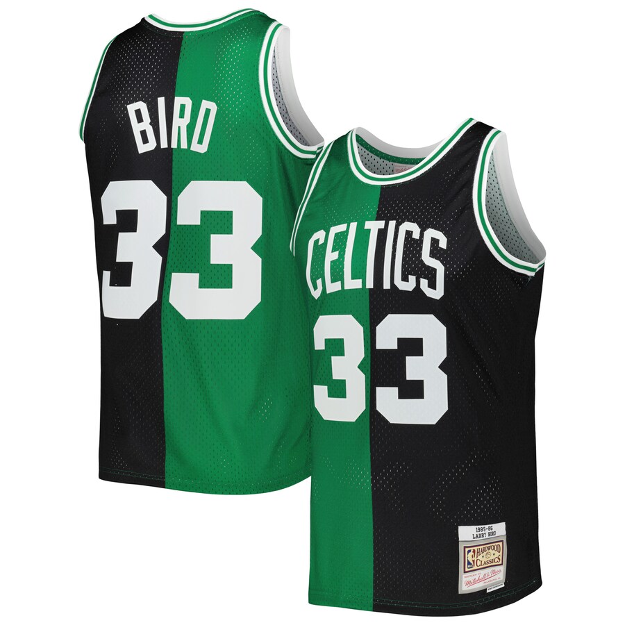 Men's Boston Celtics Larry Bird Mitchell & Ness Black/Kelly Green Hardwood Classics 1985/86 Split Swingman Jersey - Puhuasuan