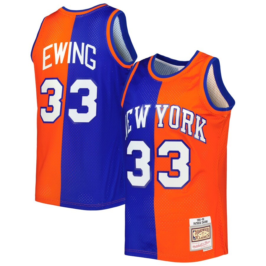 Men's New York Knicks Patrick Ewing Mitchell & Ness Blue/Orange Hardwood Classics 1991/92 Split Swingman Jersey - Puhuasuan