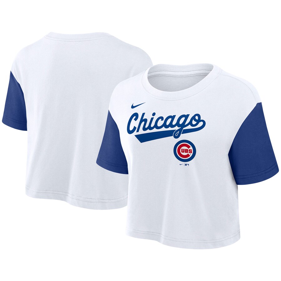 Women's Chicago Cubs Nike White/Royal Script Cropped Performance T-Shirt - Puhuasuan
