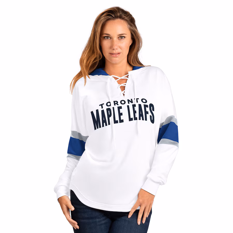 Women's Toronto Maple Leafs G-III 4Her by Carl Banks White Goal Zone Long Sleeve Lace-Up Hoodie T-Shirt - Puhuasuan