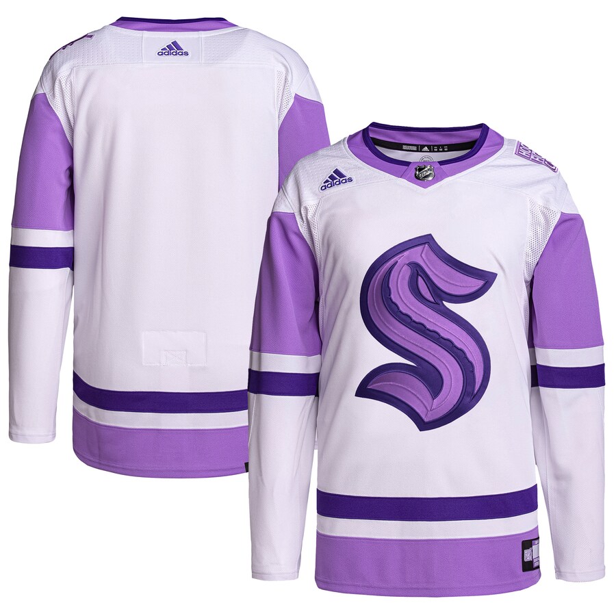 Men's Seattle Kraken adidas White/Purple Hockey Fights Cancer Primegreen Authentic Blank Practice Jersey - Puhuasuan