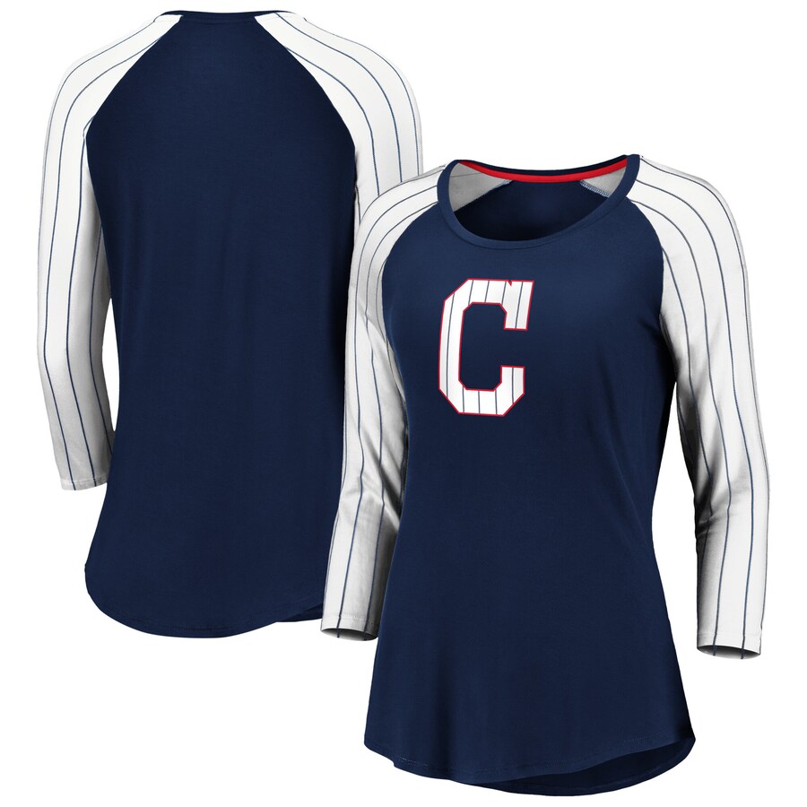 Women's Cleveland Guardians Fanatics Navy Iconic Pinstripe Raglan 3/4-Sleeve T-Shirt - Puhuasuan