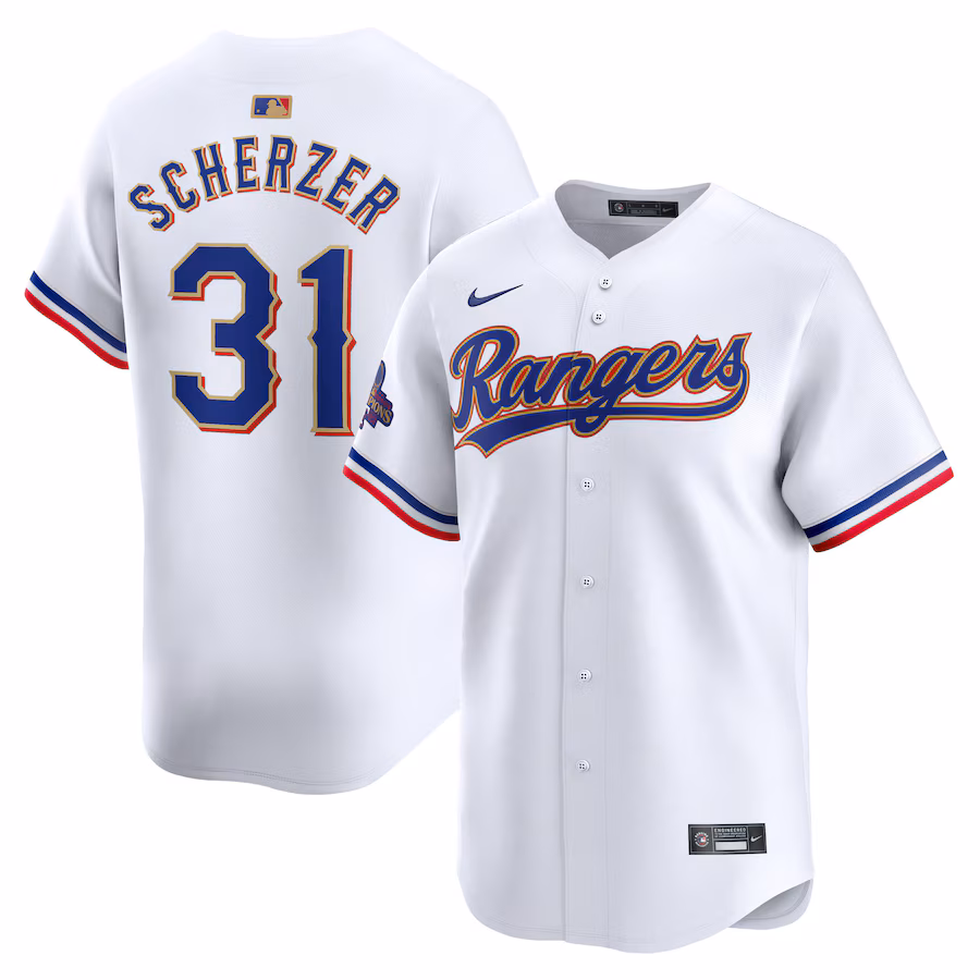 Men's Texas Rangers Max Scherzer Nike White 2024 Gold Collection Limited Player Jersey - Puhuasuan