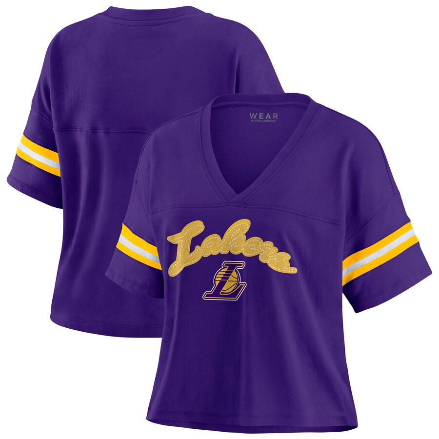 Women's Los Angeles Lakers WEAR by Erin Andrews Purple Color Block Boxy V-Neck T-Shirt - Puhuasuan