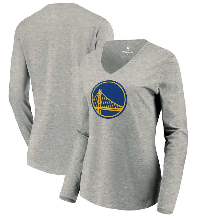 Women's Golden State Warriors Heather Gray Primary Logo Long Sleeve V-Neck T-Shirt - Puhuasuan