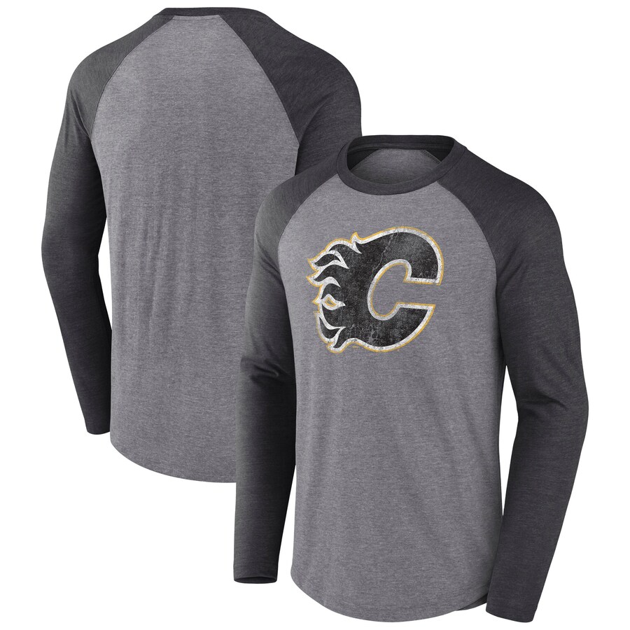 Men's Calgary Flames Fanatics Heather Gray Special Edition Long Sleeve Tri-Blend Raglan T-Shirt - Puhuasuan