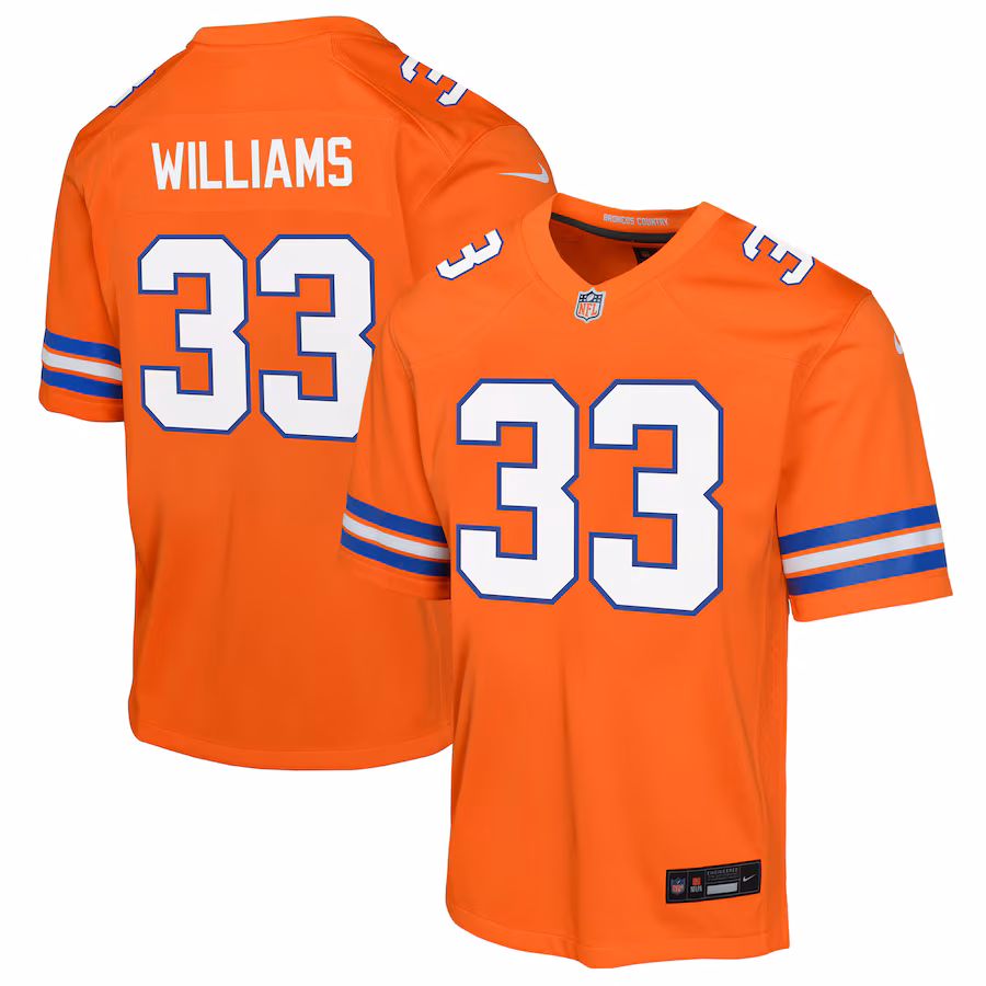 Youth Denver Broncos Javonte Williams Nike Orange Mile High Collection 1977 Throwback Game Jersey - Puhuasuan