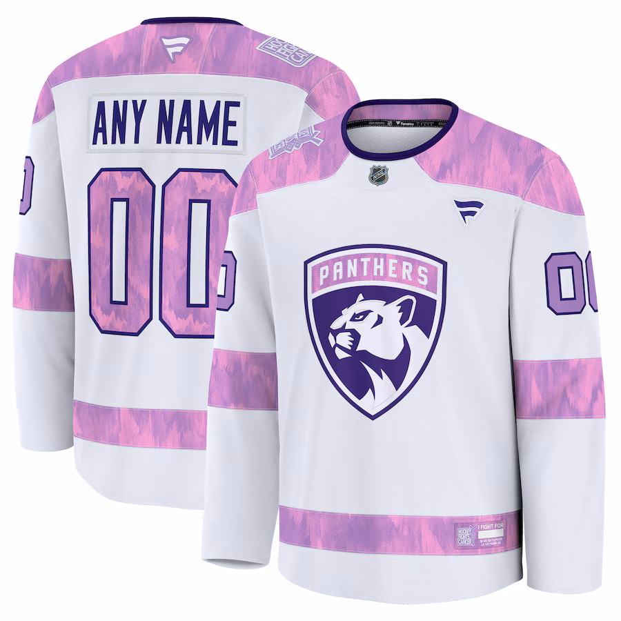 Men's Florida Panthers Fanatics White 2024 Hockey Fights Cancer Custom Practice Jersey - Puhuasuan