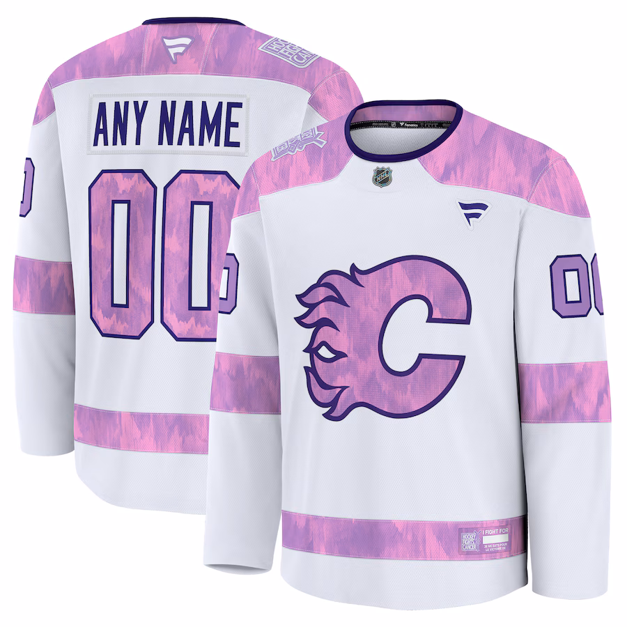 Men's Calgary Flames Fanatics White 2024 Hockey Fights Cancer Custom Practice Jersey - Puhuasuan