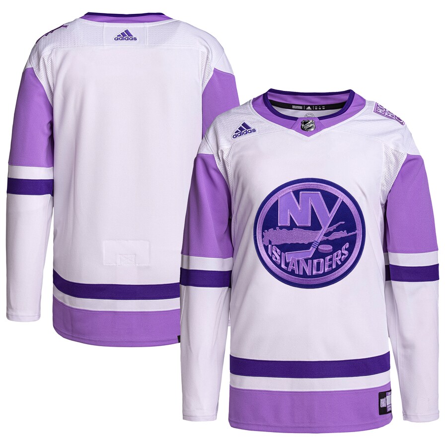 Men's New York Islanders adidas White/Purple Hockey Fights Cancer Primegreen Authentic Blank Practice Jersey - Puhuasuan