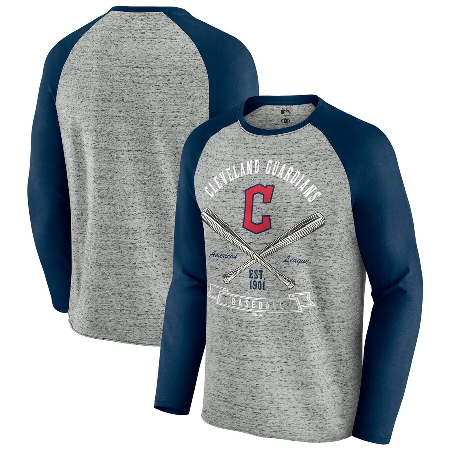 Men's Cleveland Guardians Darius Rucker Collection by Fanatics Heather Gray Raw Edge Raglan Long Sleeve Baseball T-Shirt - Puhuasuan