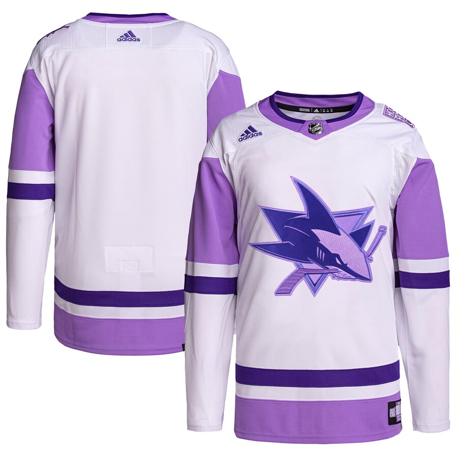 Men's San Jose Sharks adidas White/Purple Hockey Fights Cancer Primegreen Authentic Blank Practice Jersey - Puhuasuan