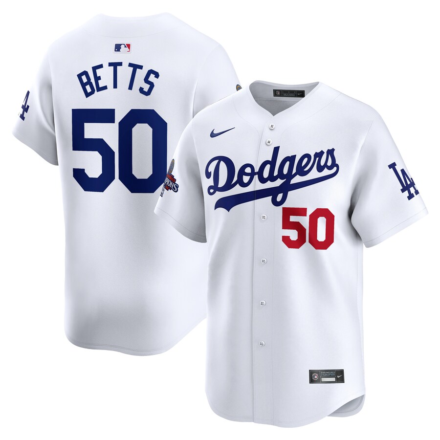 Men's Los Angeles Dodgers Mookie Betts Nike White 2024 World Series Champions Home Limited Player Jersey - Puhuasuan