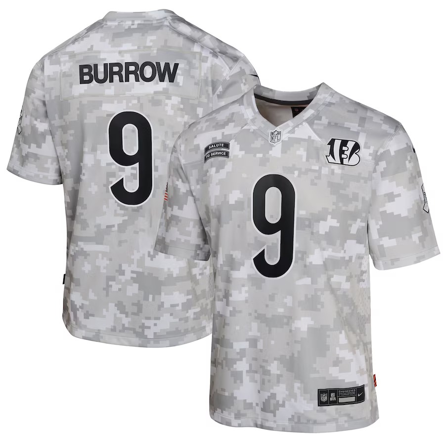 Youth Cincinnati Bengals Joe Burrow Nike Arctic Camo 2024 Salute to Service Game Jersey - Puhuasuan