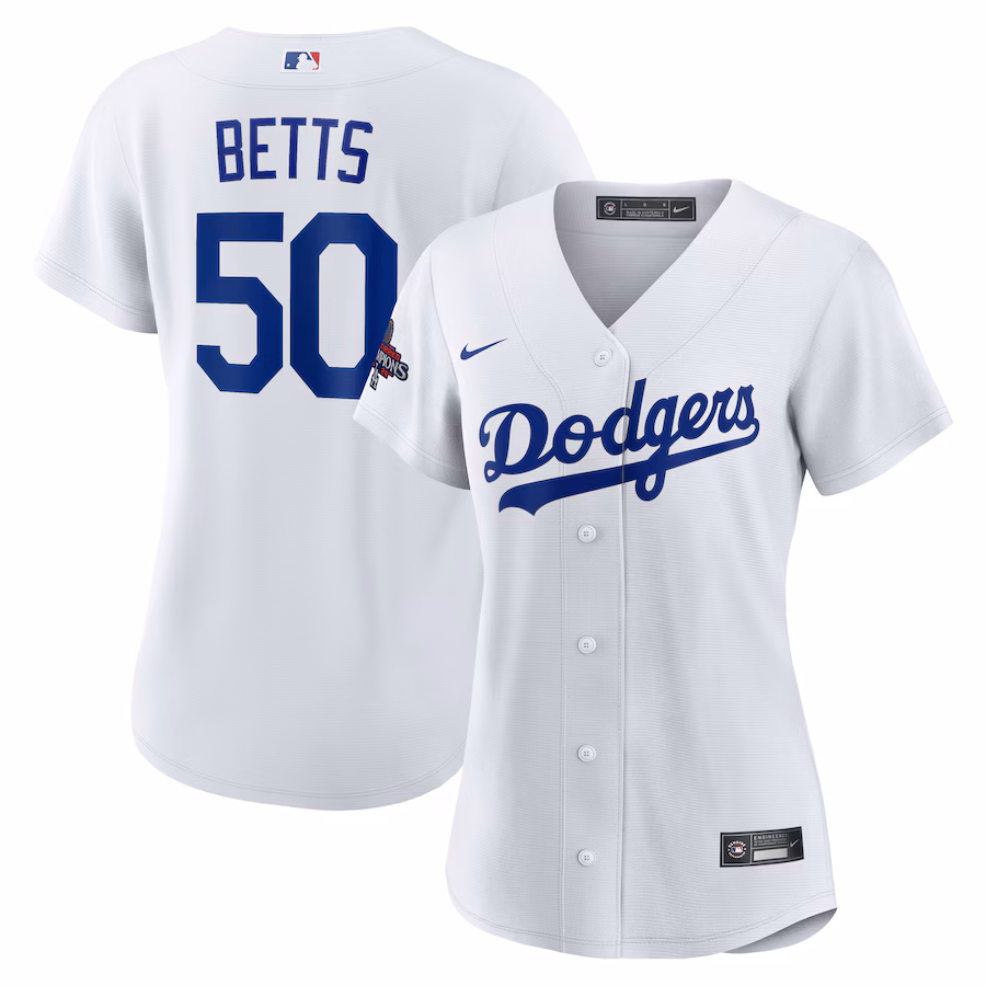 Women's Los Angeles Dodgers Mookie Betts Nike White 2024 World Series Champions Home Replica Player Jersey - Puhuasuan