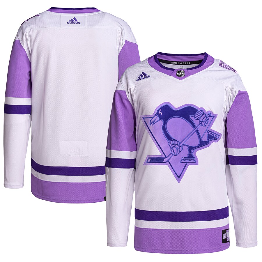 Men's Pittsburgh Penguins adidas White/Purple Hockey Fights Cancer Primegreen Authentic Blank Practice Jersey - Puhuasuan