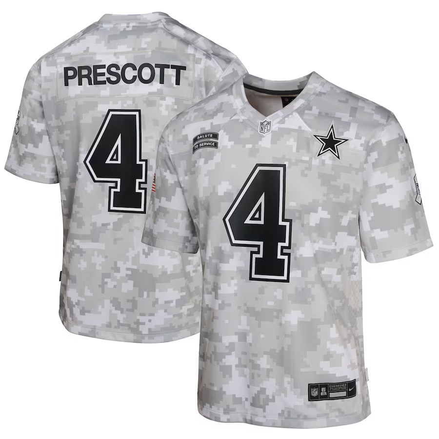 Youth Dallas Cowboys Dak Prescott Nike Arctic Camo 2024 Salute to Service Game Jersey - Puhuasuan