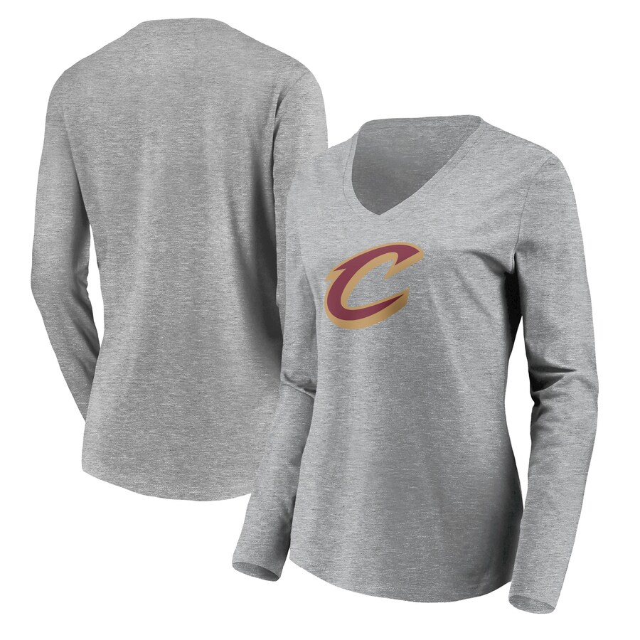 Women's Cleveland Cavaliers Heathered Gray Primary Logo Team Long Sleeve V-Neck T-Shirt - Puhuasuan