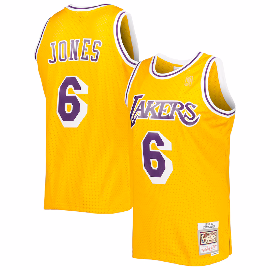 Men's Los Angeles Lakers Eddie Jones Mitchell & Ness Gold 1996/97 Hardwood Classics Swingman Jersey - Puhuasuan