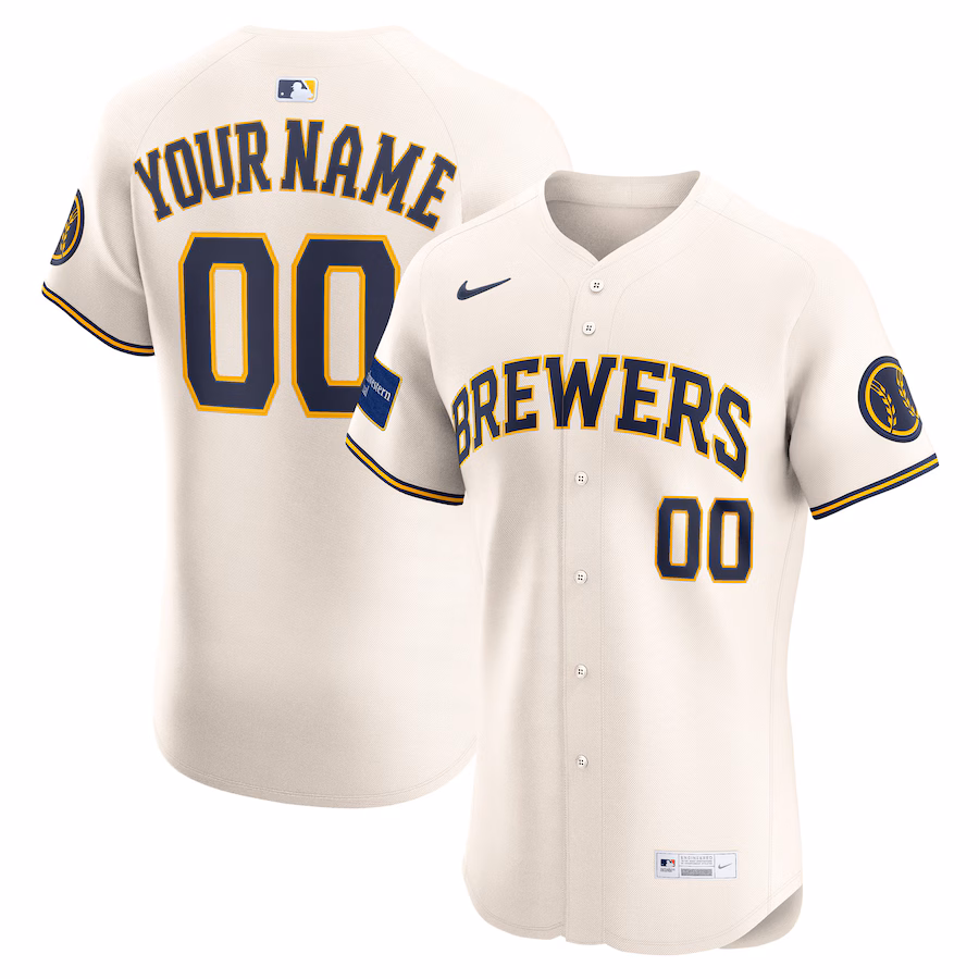 Men's Milwaukee Brewers Nike Cream Home Elite Sponsor Patch Custom Jersey - Puhuasuan