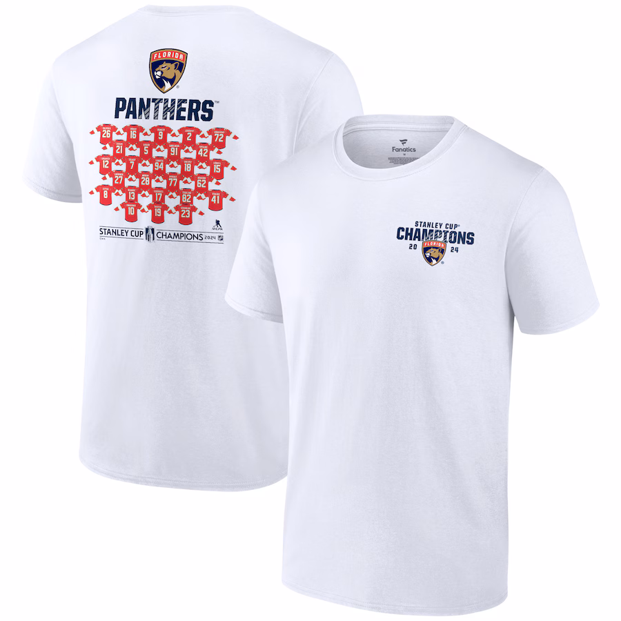 Men's Florida Panthers Fanatics White 2024 Stanley Cup Champions Jersey Roster T-Shirt - Puhuasuan