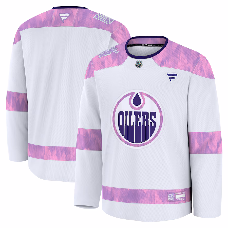 Men's Edmonton Oilers Fanatics White 2024 Hockey Fights Cancer Practice Jersey - Puhuasuan