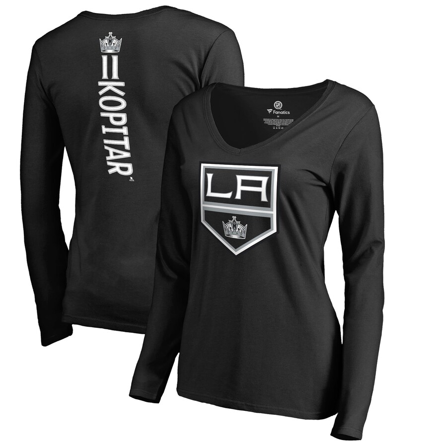 Women's Los Angeles Kings Anze Kopitar Black Backer Name & Number Slim Fit Long Sleeve V-Neck T-Shirt - Puhuasuan