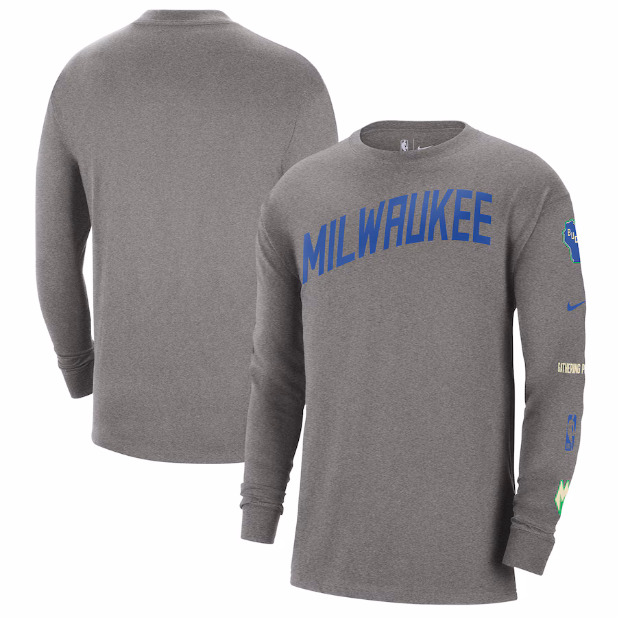 Men's Milwaukee Bucks Nike Charcoal 2023/24 City Edition Max90 Expressive Long Sleeve T-Shirt - Puhuasuan