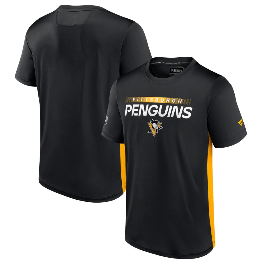 Men's Pittsburgh Penguins Fanatics Black/Gold Authentic Pro Rink Tech T-Shirt - Puhuasuan