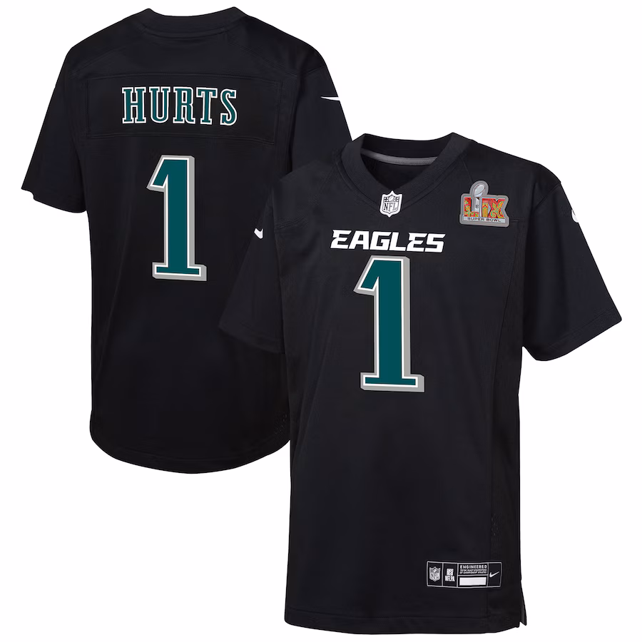 Youth Philadelphia Eagles Jalen Hurts Nike Carbon Black Super Bowl LIX Patch Fashion Game Player Jersey - Puhuasuan