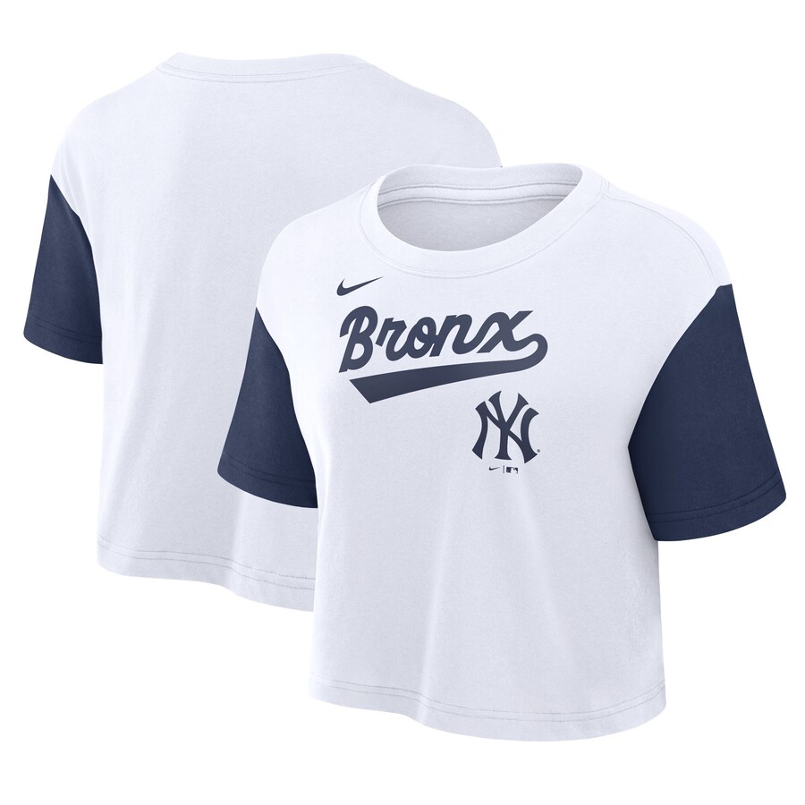 Women's New York Yankees Nike White/Navy Script Cropped Performance T-Shirt - Puhuasuan
