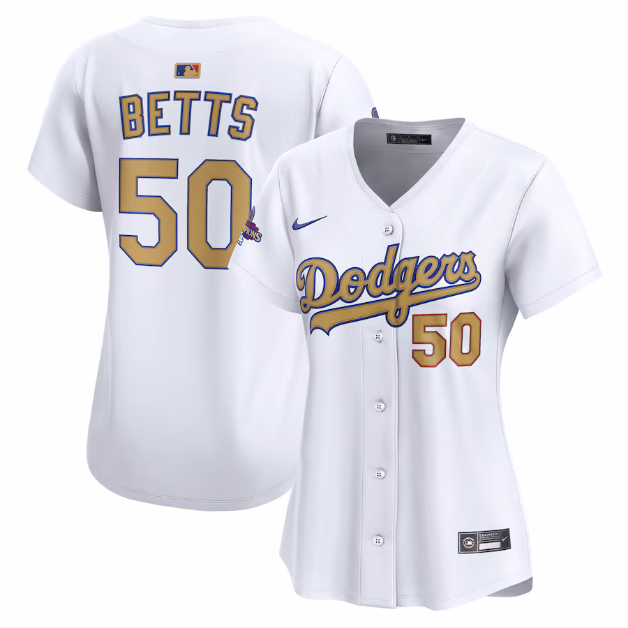 Women's Los Angeles Dodgers Mookie Betts Nike White 2025 Gold Collection Limited Jersey - Puhuasuan