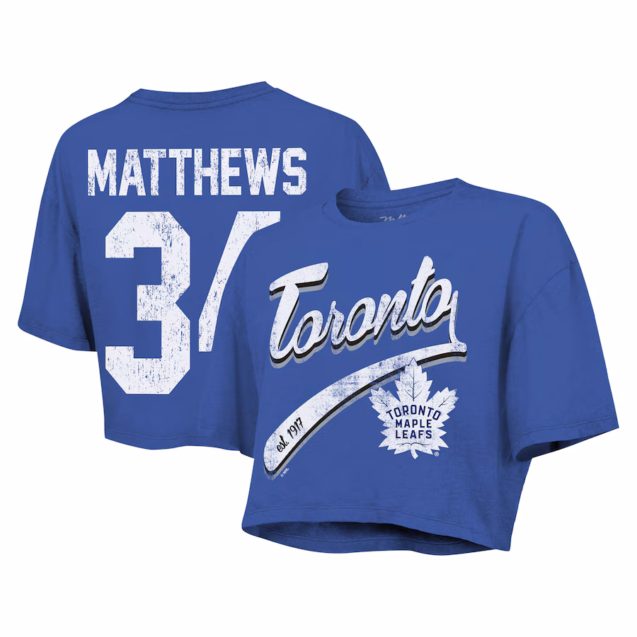 Women's Toronto Maple Leafs Auston Matthews Majestic Threads Royal Behind The Net Boxy Name & Number Cropped T-Shirt - Puhuasuan