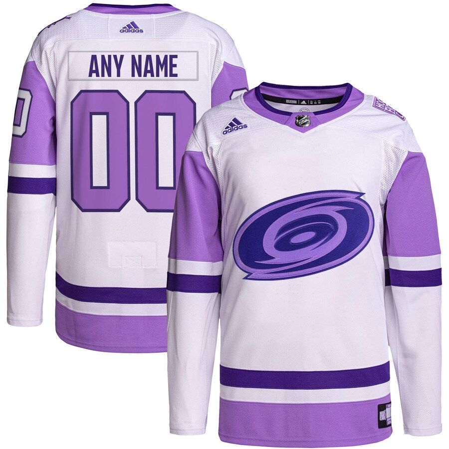 Men's Carolina Hurricanes adidas White/Purple Hockey Fights Cancer Primegreen Authentic Custom Jersey - Puhuasuan