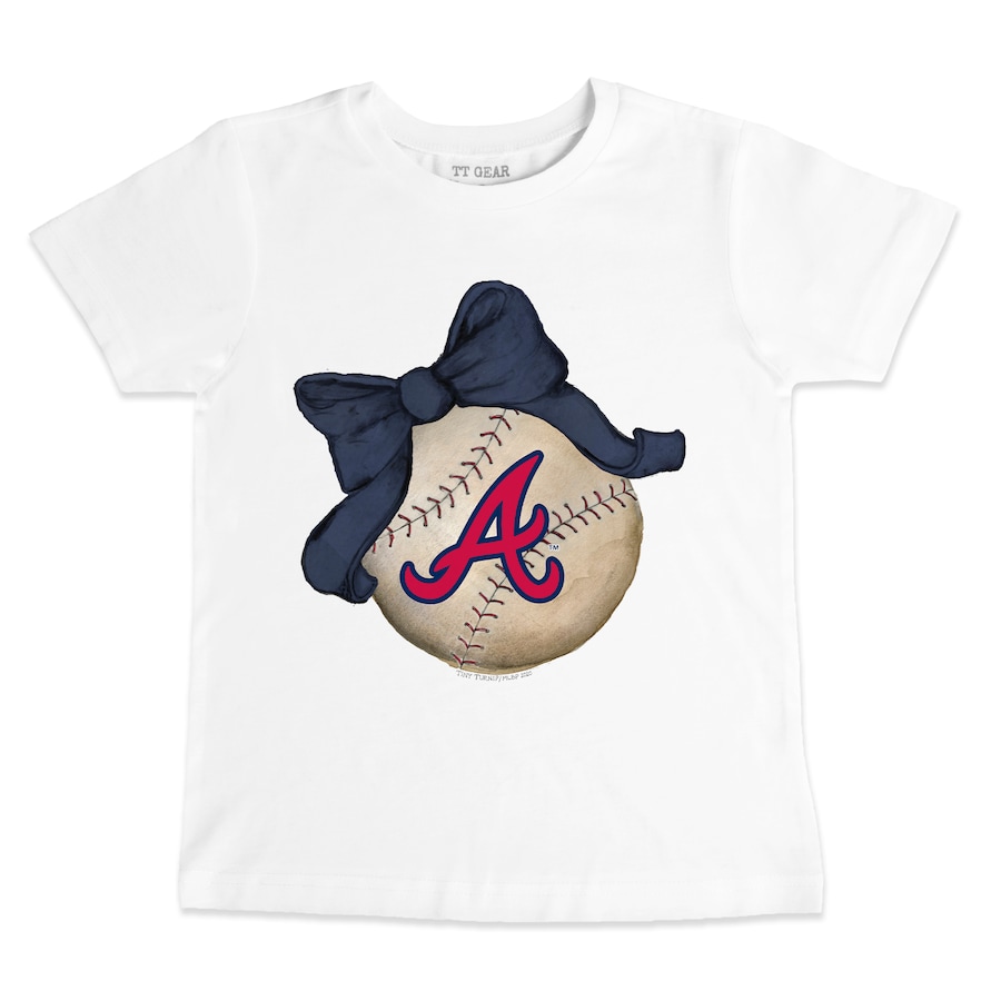 Youth Atlanta Braves Tiny Turnip White Baseball Bow T-Shirt - Puhuasuan