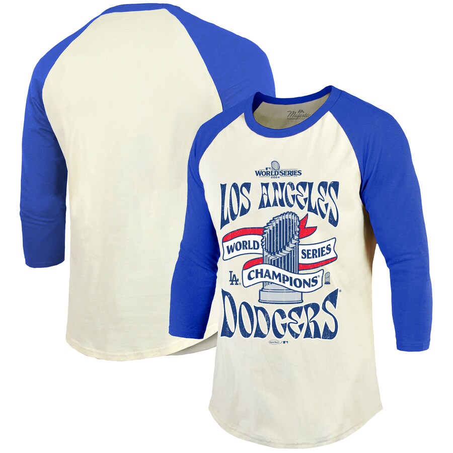 Men's Los Angeles Dodgers Majestic Threads Cream/Royal 2024 World Series Champions 3/4-Sleeve Raglan Tri-Blend T-Shirt - Puhuasuan
