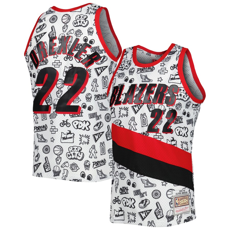 Men's Portland Trail Blazers Clyde Drexler Mitchell & Ness White 1991-92 Hardwood Classics Doodle Swingman Jersey - Puhuasuan