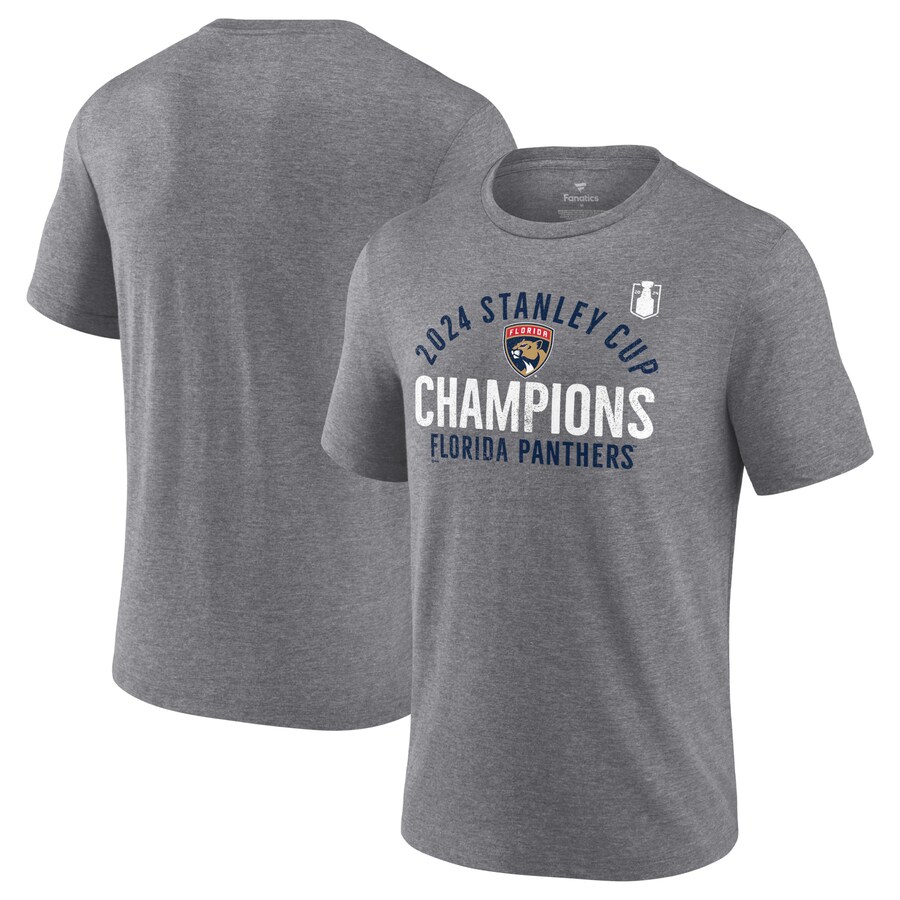 Men's Florida Panthers Fanatics Heather Gray 2024 Stanley Cup Champions Rush Tri-Blend T-Shirt - Puhuasuan