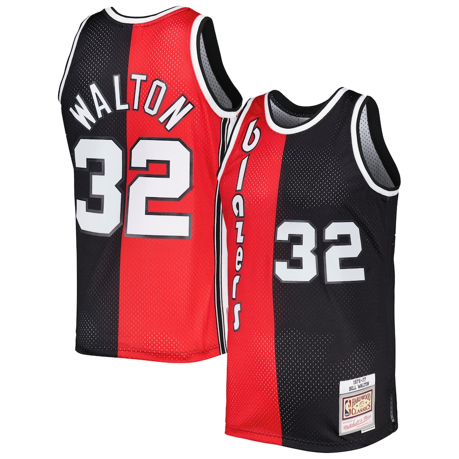 Men's Portland Trail Blazers Bill Walton Mitchell & Ness Red/Black Hardwood Classics 1976/77 Split Swingman Jersey - Puhuasuan