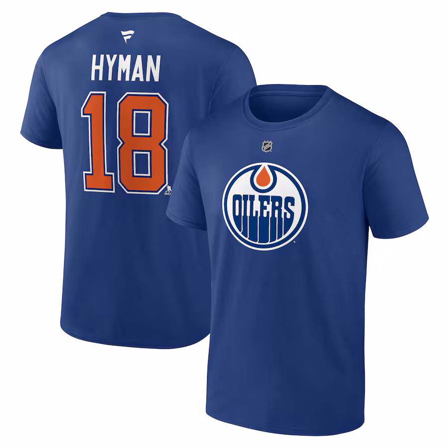 Men's Edmonton Oilers Zach Hyman Fanatics Blue Authentic Stack Name & Number T-Shirt - Puhuasuan