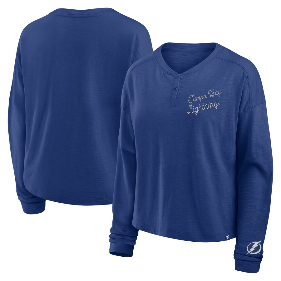 Women's Tampa Bay Lightning Fanatics Blue Oversized All Out Effort Long Sleeve Henley T-Shirt - Puhuasuan