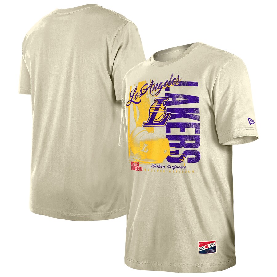 Men's Los Angeles Lakers  New Era Cream Distressed Throwback Vintage Color Pack T-Shirt - Puhuasuan