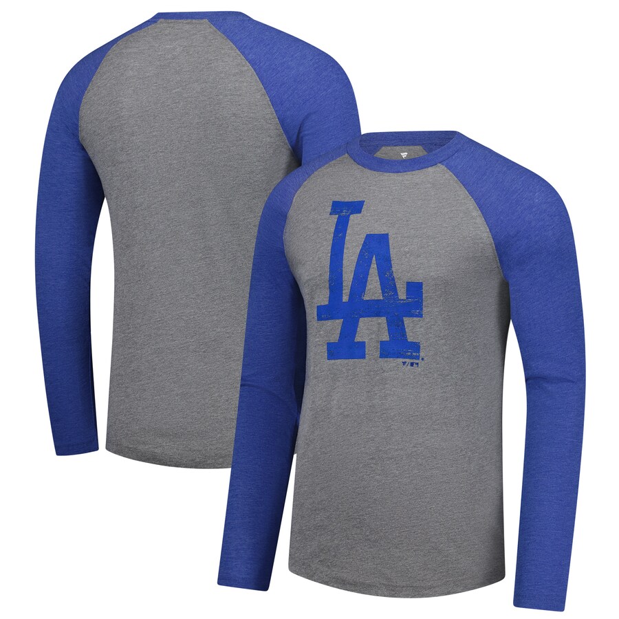 Men's Los Angeles Dodgers Fanatics Heather Gray/Heather Royal Weathered Logo Tri-Blend Raglan Long Sleeve T-Shirt - Puhuasuan