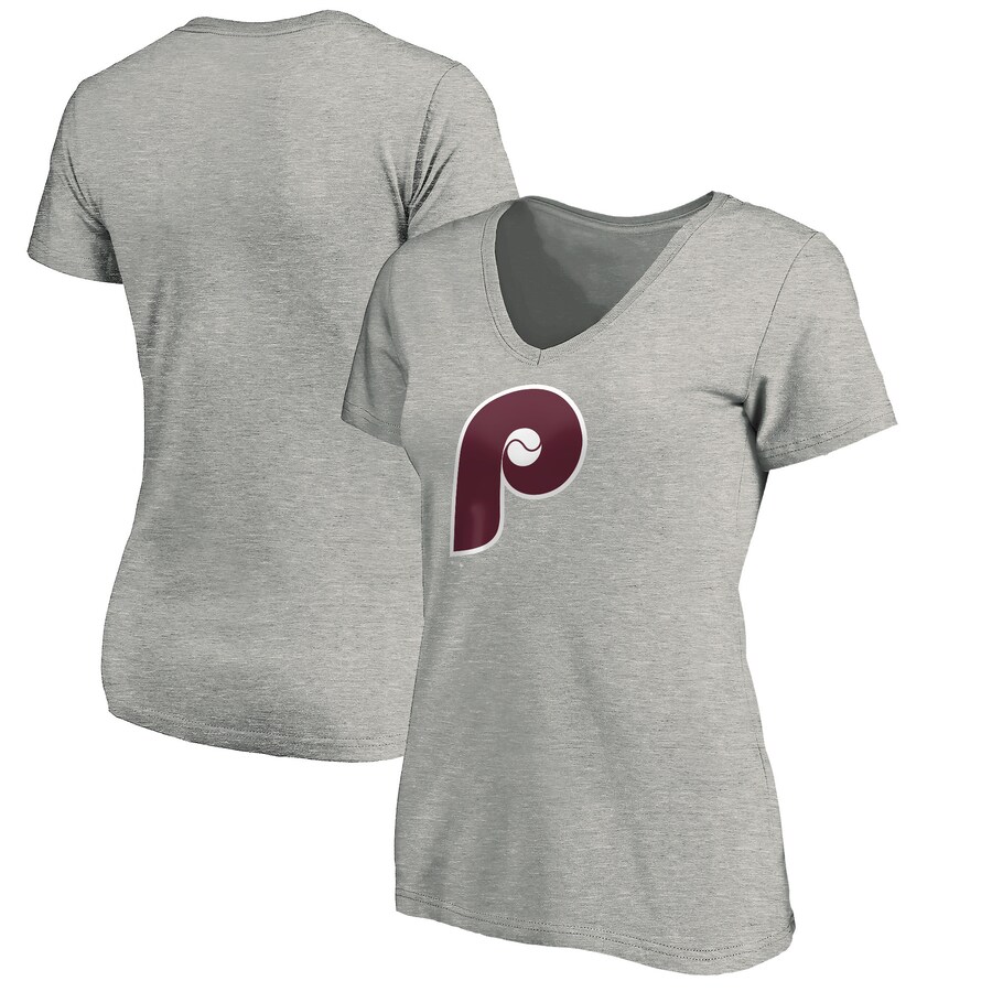 Women's Philadelphia Phillies Heathered Gray Cooperstown Collection Huntington Logo V-Neck T-Shirt - Puhuasuan